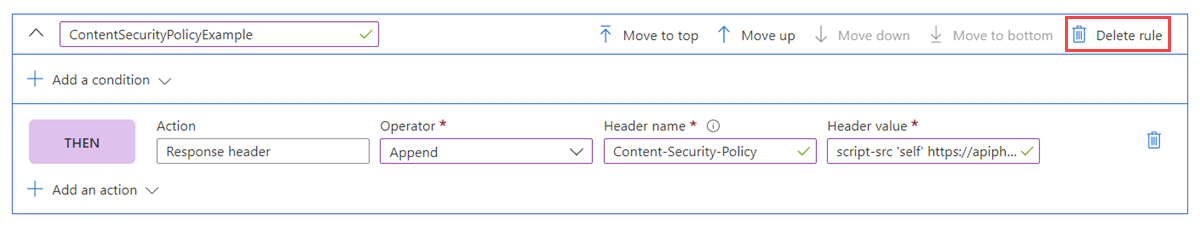 Screenshot showing how to delete the security rule.