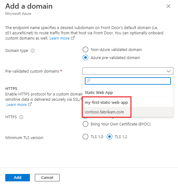 Screenshot that shows Prevalidated custom domains on the Add a domain pane.