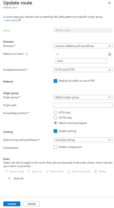 Screenshot of update route page for disabling compression.