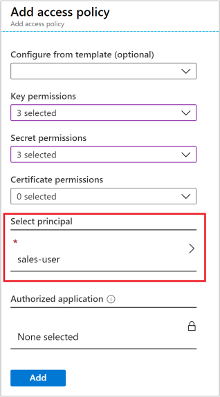 Set Select Principal for Azure Key Vault access policy.