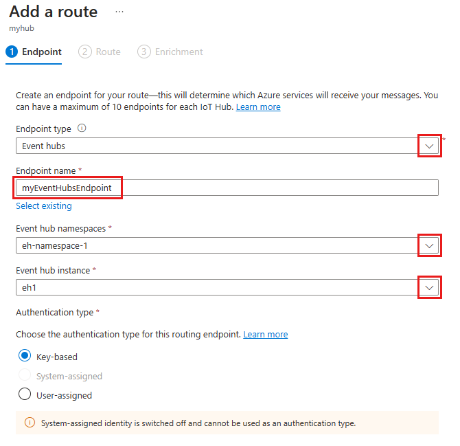 Screenshot that shows all options for creating an Event Hubs endpoint.