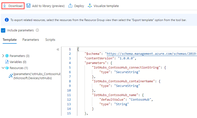 Screenshot showing the command for downloading the template for the IoT hub.