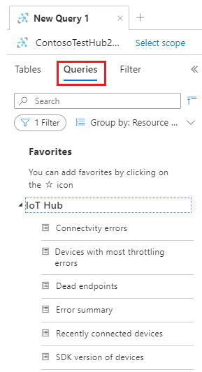 Screenshot of IoT Hub default queries.