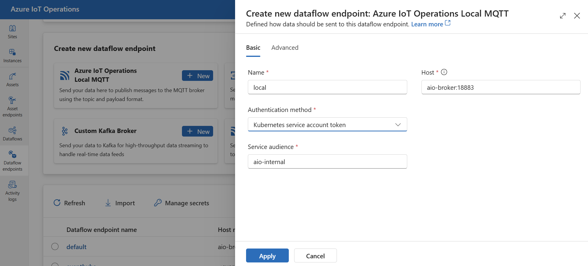 Screenshot using operations experience to create a new local MQTT dataflow endpoint.