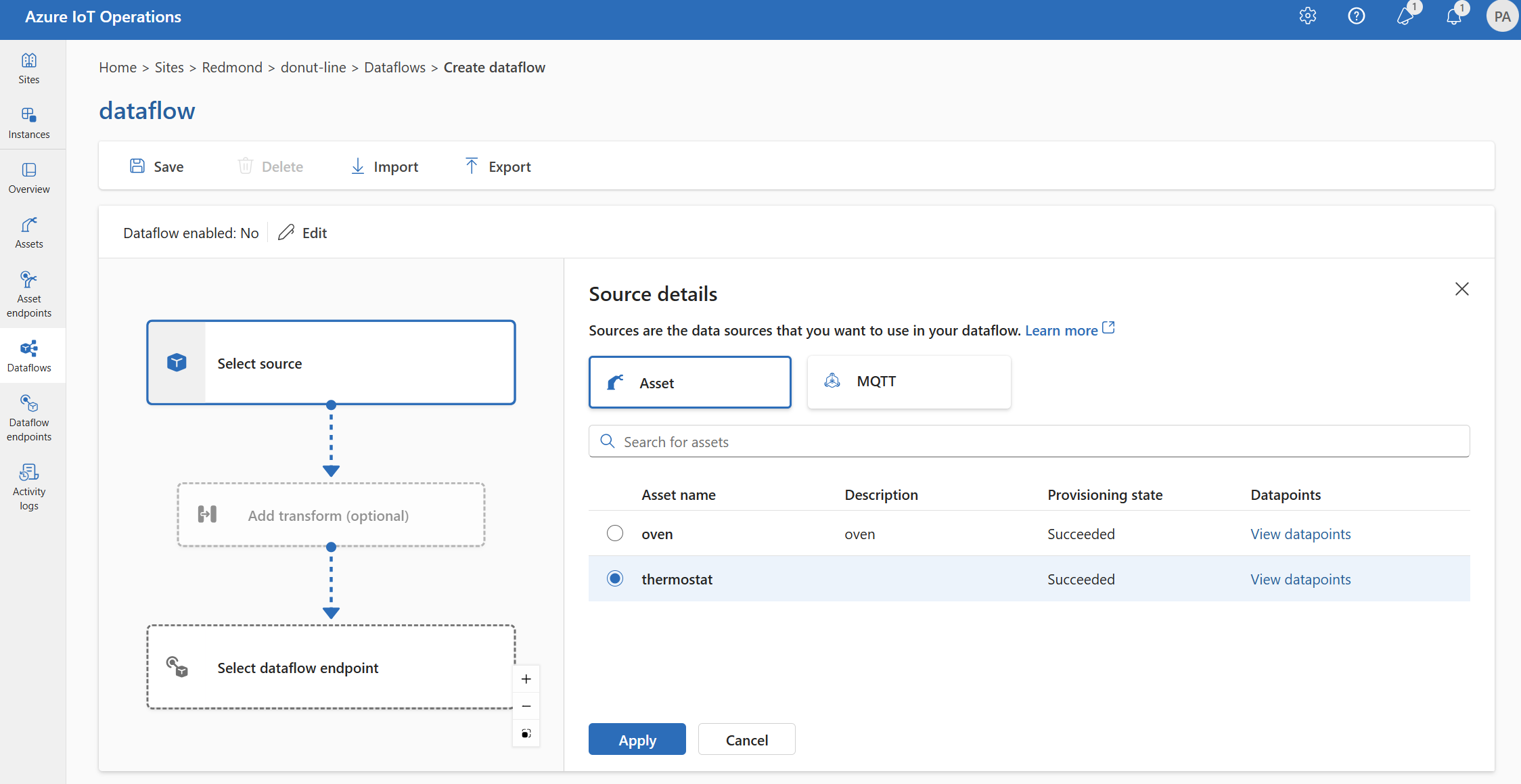 Screenshot using operations experience to select an asset as the source endpoint.