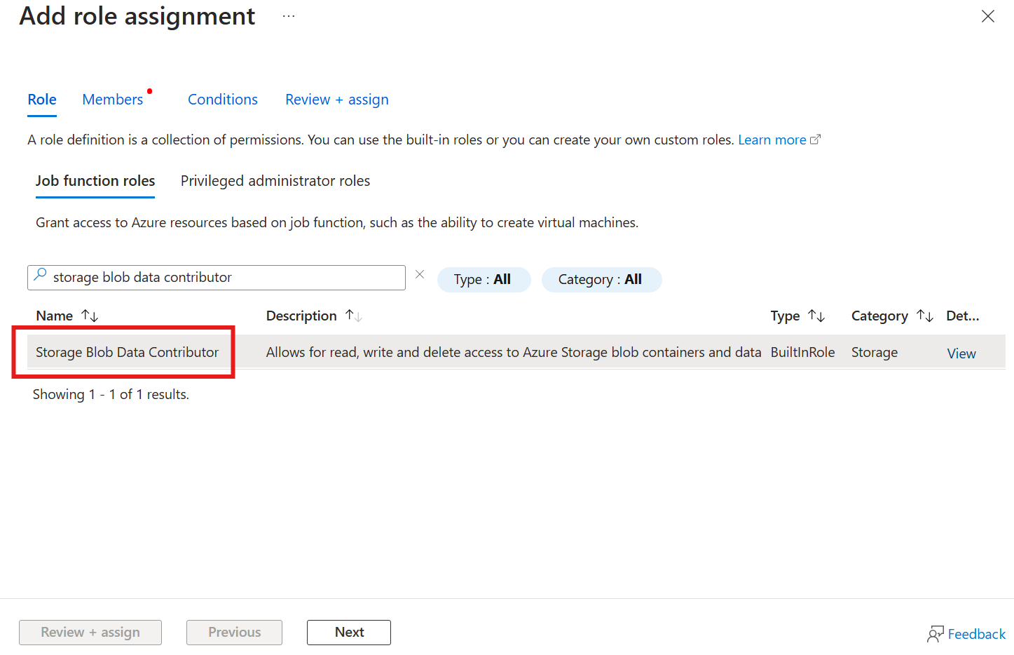 Screenshot showing how to select the storage blob data contributor role.