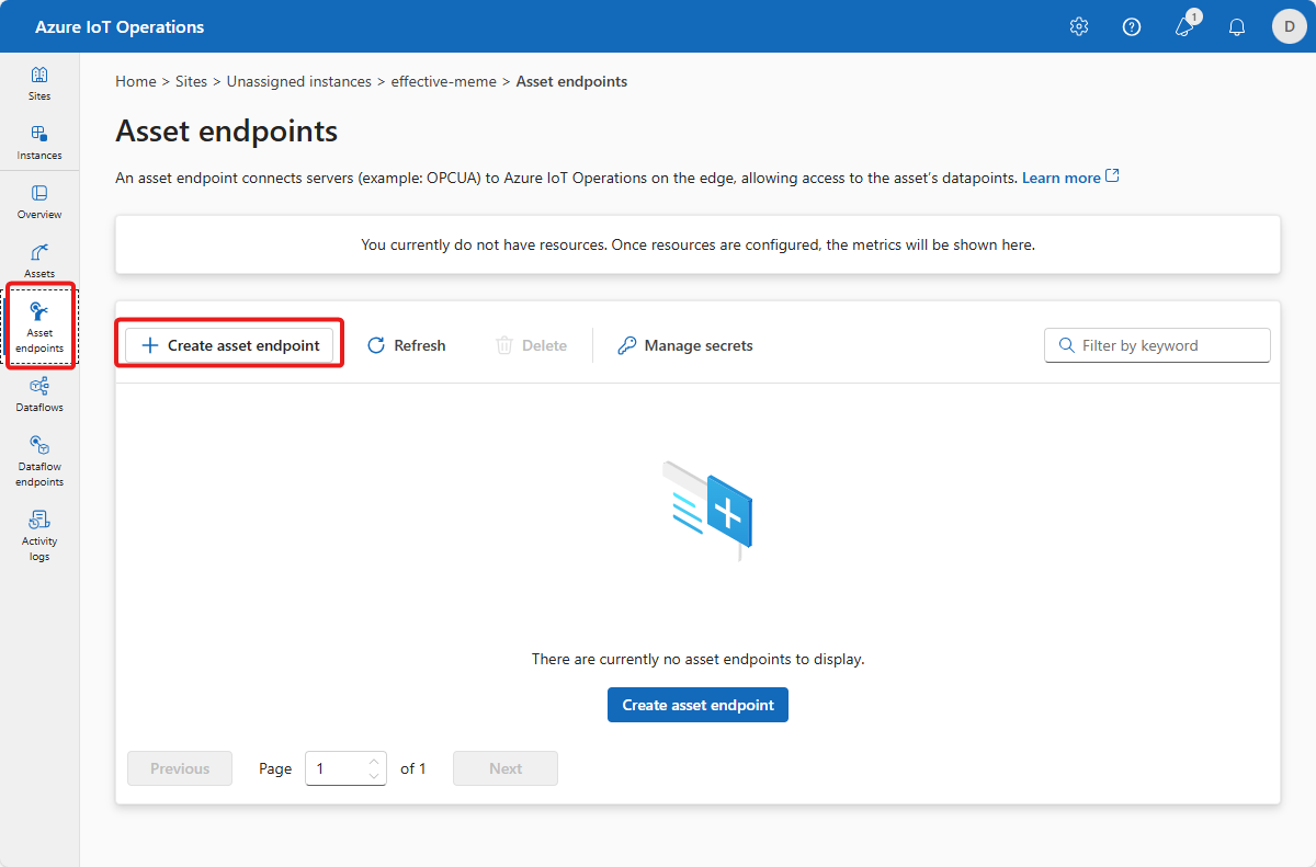 Screenshot that shows the asset endpoints page in the operations experience.