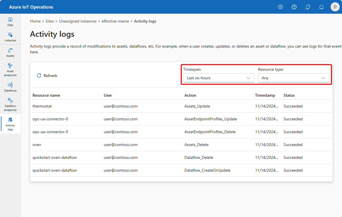 A screenshot that shows the activity logs for an instance in the operations experience.