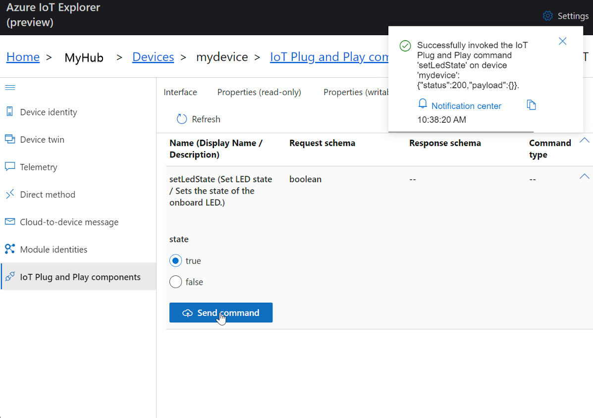 Screenshot of calling the setLedState method in IoT Explorer.