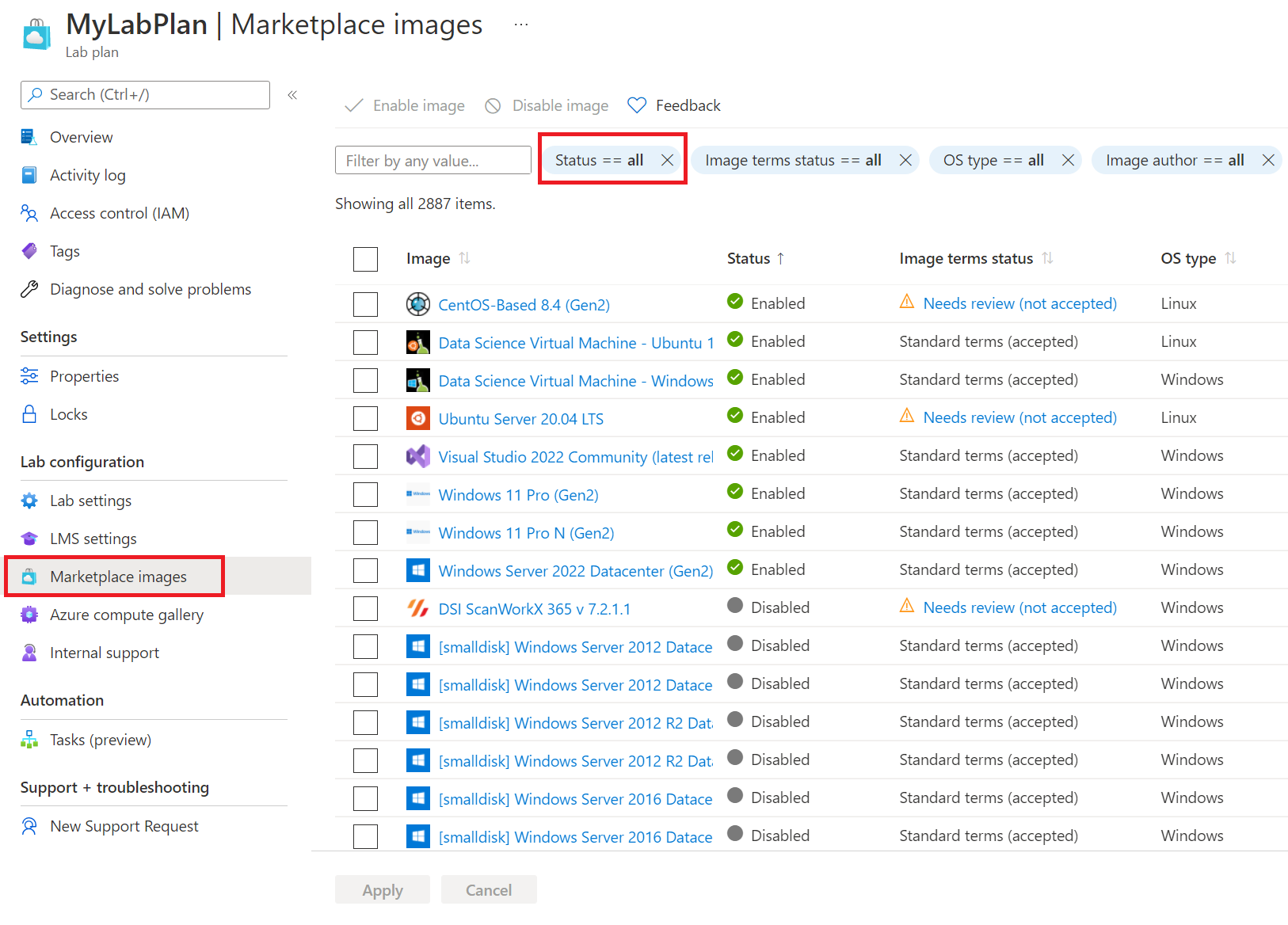 Screenshot that shows the Marketplace images page for a lab plan. The Marketplace images menu and status filter are highlighted.