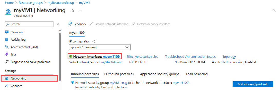 Screenshot of network interface attached to virtual machine.