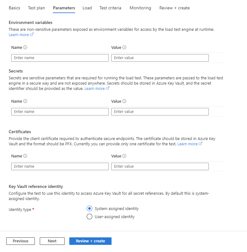 Screenshot that shows how to configure parameters when creating a test in the Azure portal.