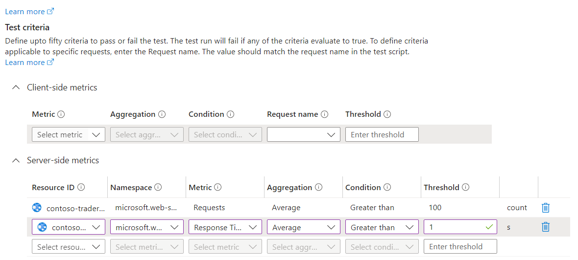 Screenshot of configuring failure criteria on server metrics.