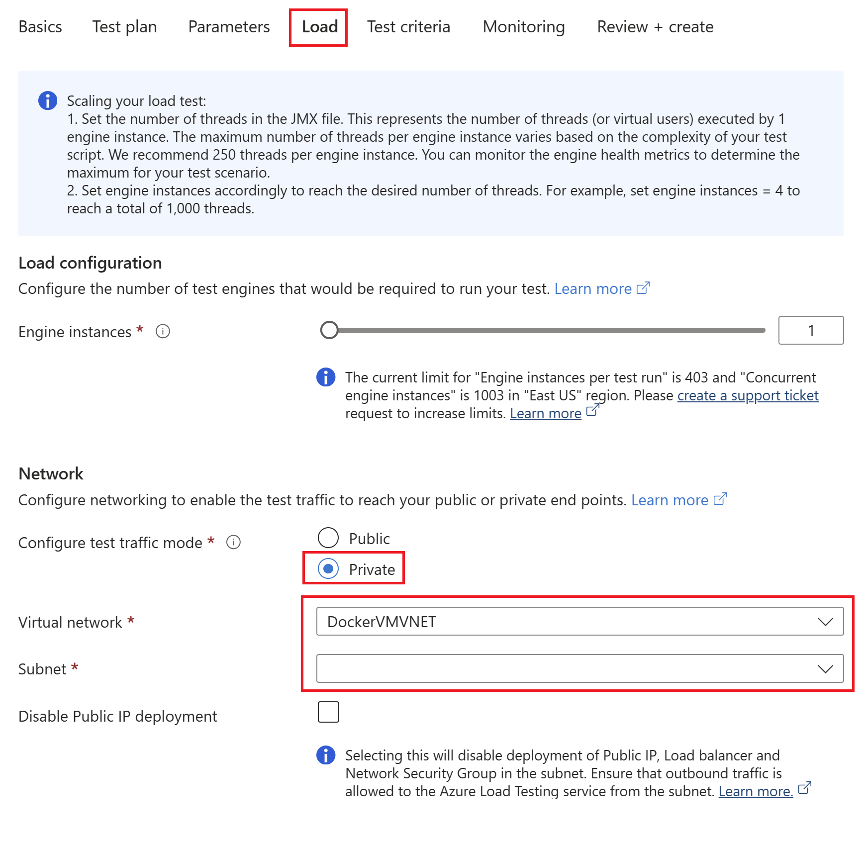 Screenshot that shows the Load tab for creating or updating a load test.