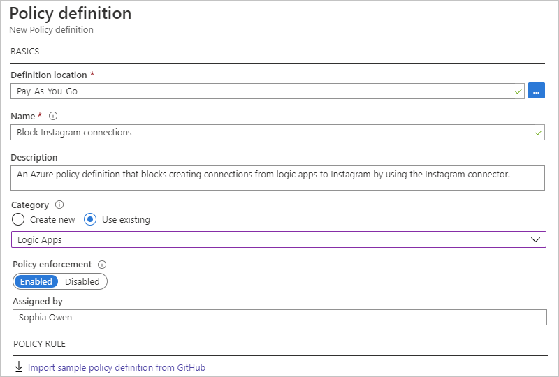 Screenshot showing the policy definition properties.