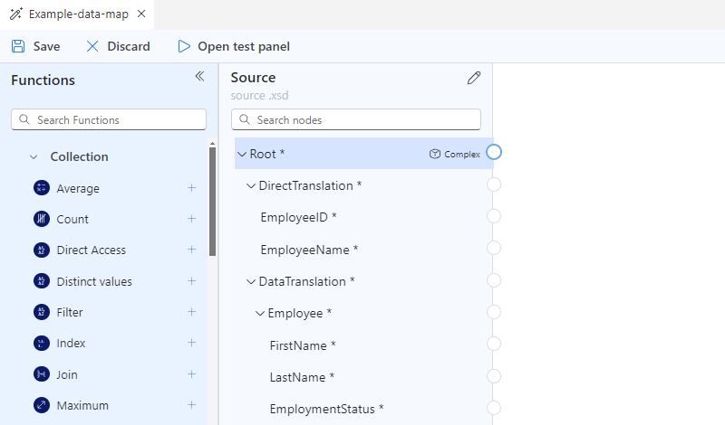 Screenshot shows Source pane populated with source schema XML element nodes.