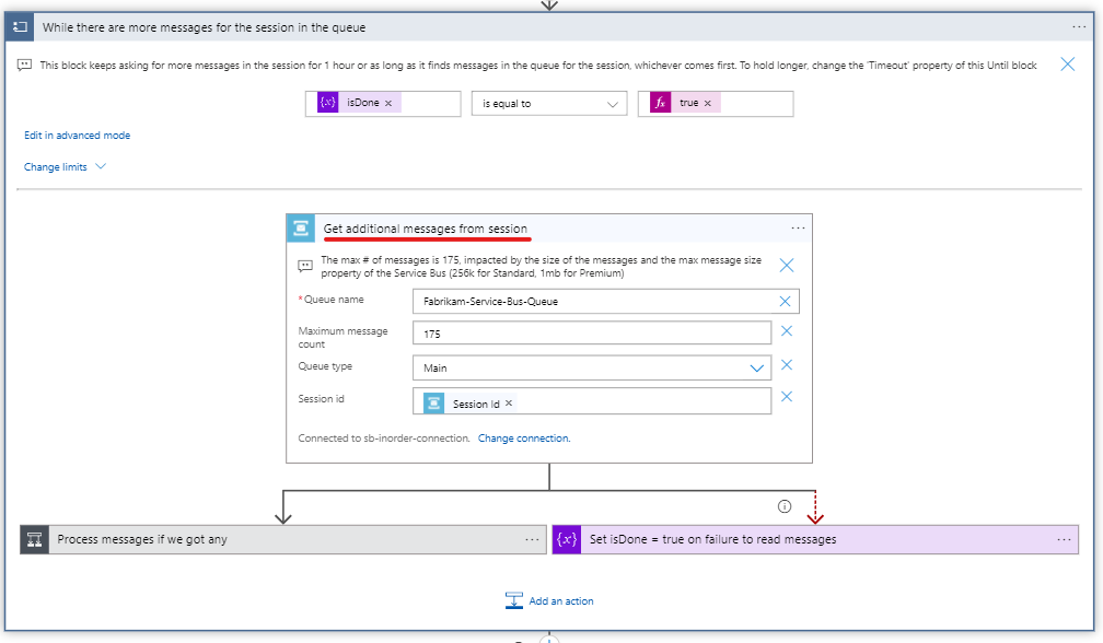 Service Bus action - "Get additional messages from session"