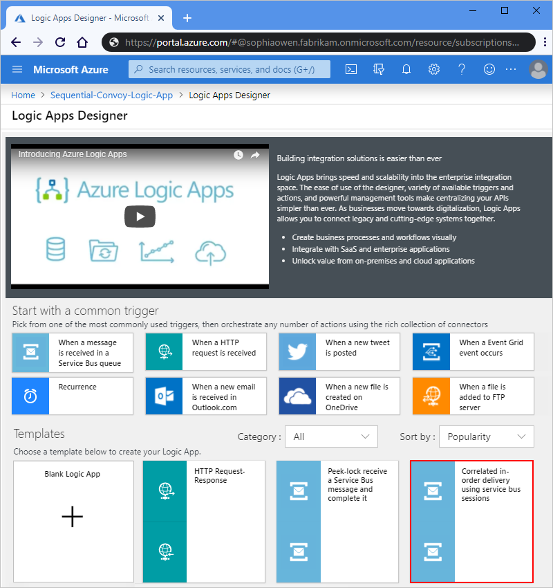 Select "Correlated in-order delivery using service bus sessions" template