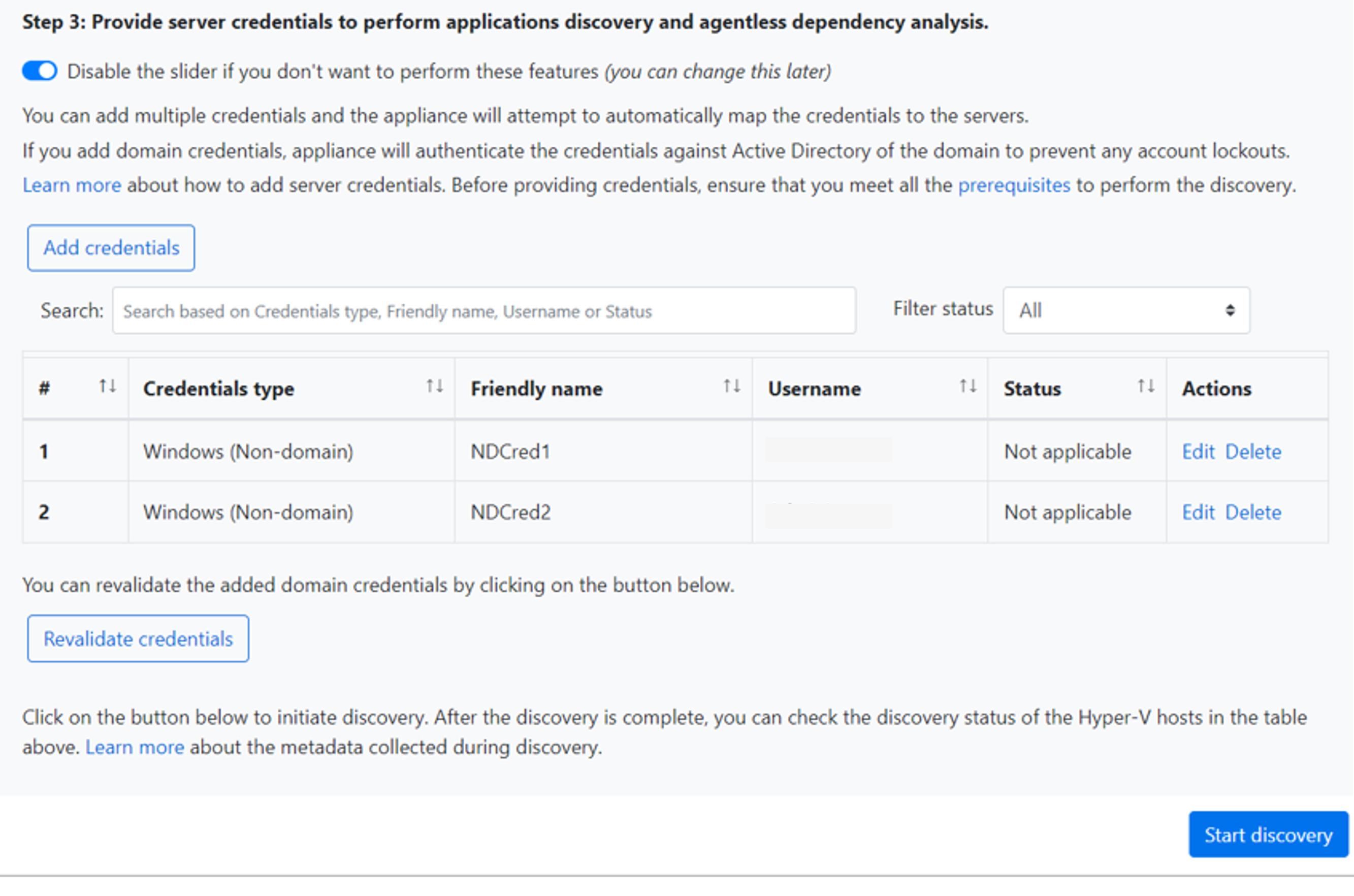 Screenshot that shows providing and validating multiple credentials.