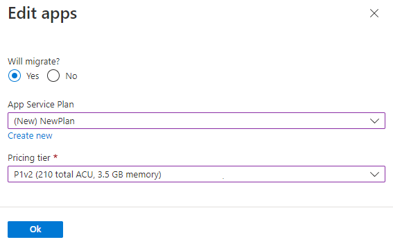 Screenshot of Azure Migrate Edit apps.
