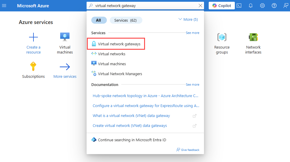 Screenshot shows searching for virtual network gateways in the Azure portal.