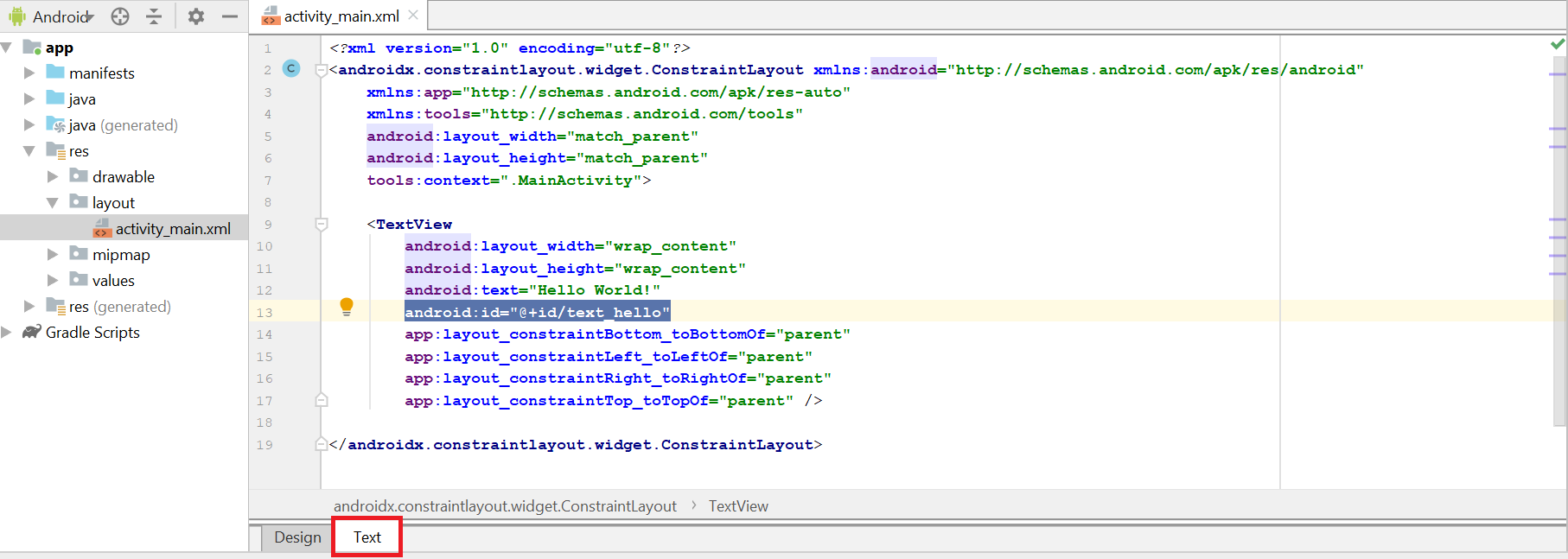 Screenshot that shows the android:id="@+id/text_hello" id applied to the TextView control.