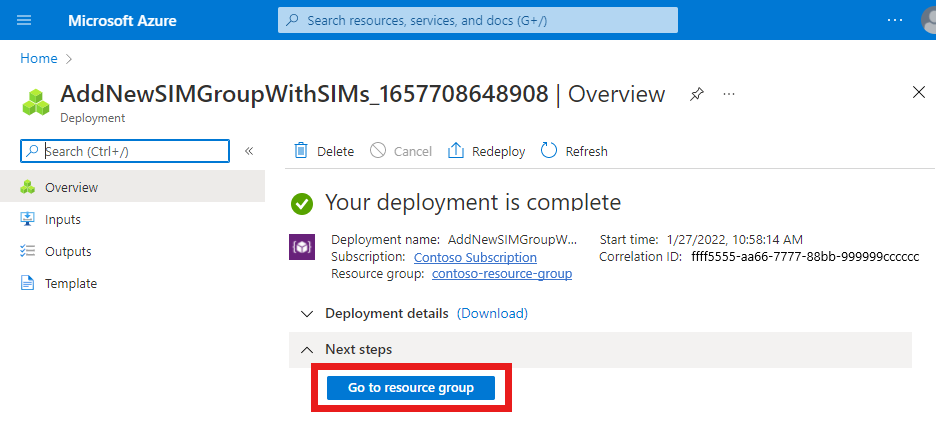 Screenshot of the Azure portal showing a completed deployment of SIM group and SIM resources through a J S O N file. The Go to resource button is highlighted.