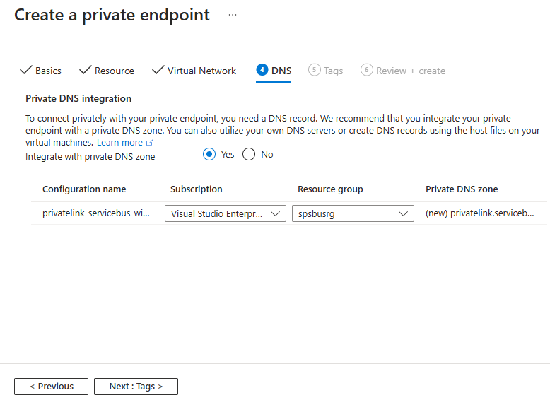 Screenshot showing the DNS page of the Create private endpoint wizard.