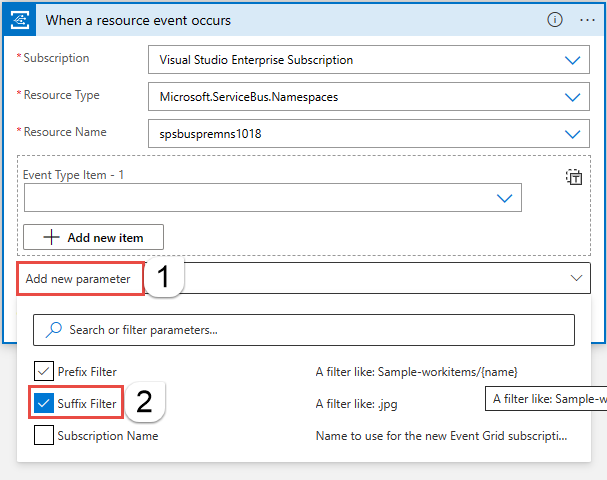 Screenshot that shows adding of a new parameter of type Suffix filter.