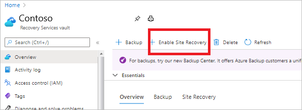 Selection to enable Site Recovery in the vault