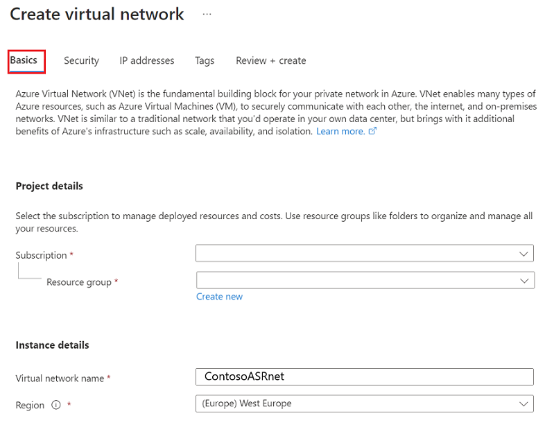 Screenshot of the Create virtual network options.