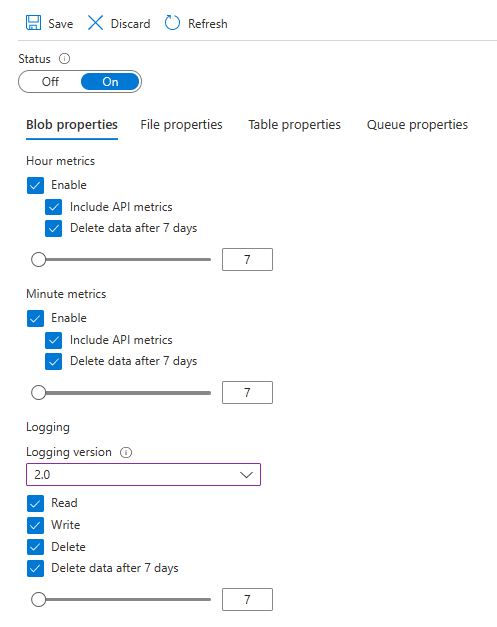 Configure logging in the Azure portal.