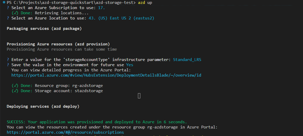 A screenshot showing the output of the azd up command.