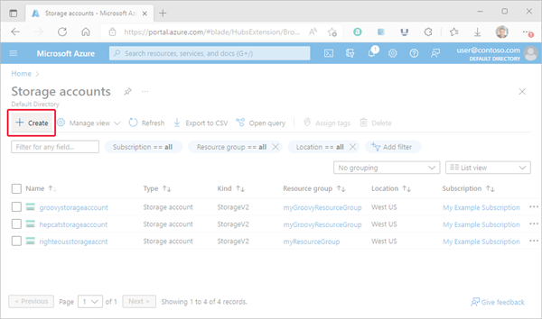 Image showing the location of the create button within the Azure portal Storage Accounts page.