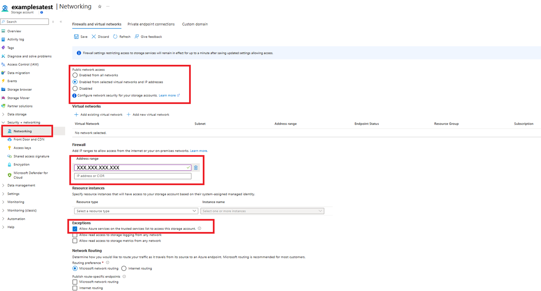 Screenshot of configuring firewall and virtual network settings to work with Azure File sync.