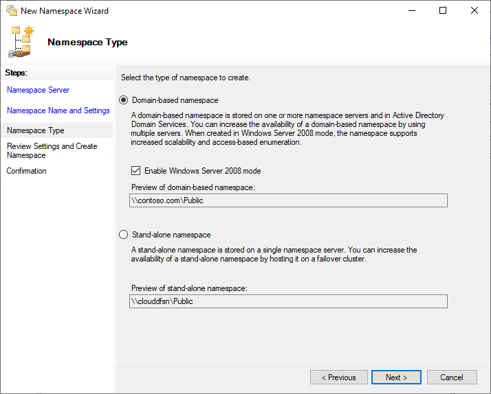 A screenshot of selecting between a domain-based namespace and a standalone namespace in the New Namespace Wizard.