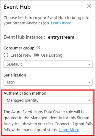 Screenshot that shows managed identity selected as the authentication method.