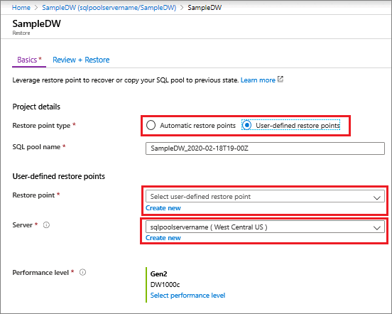 Screenshot from the Azure portal showing restore points to choose from.