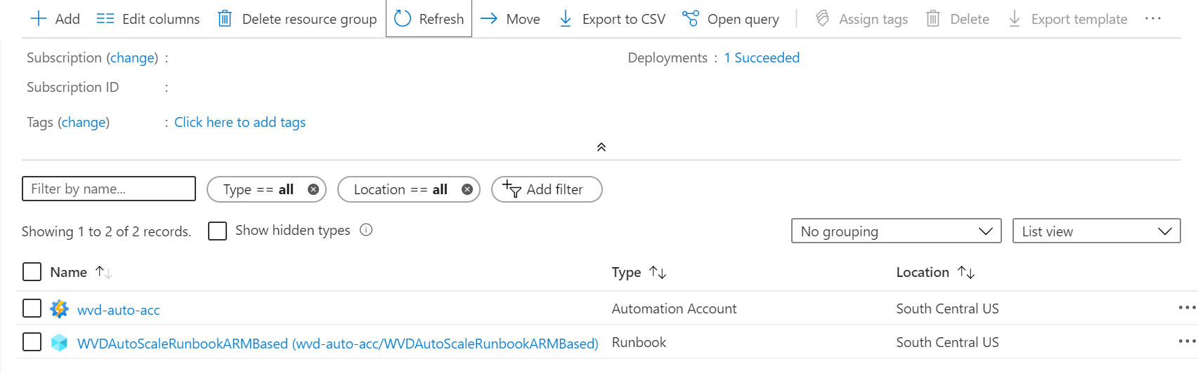 An image of the Azure overview page showing the newly created Azure Automation account and runbook.