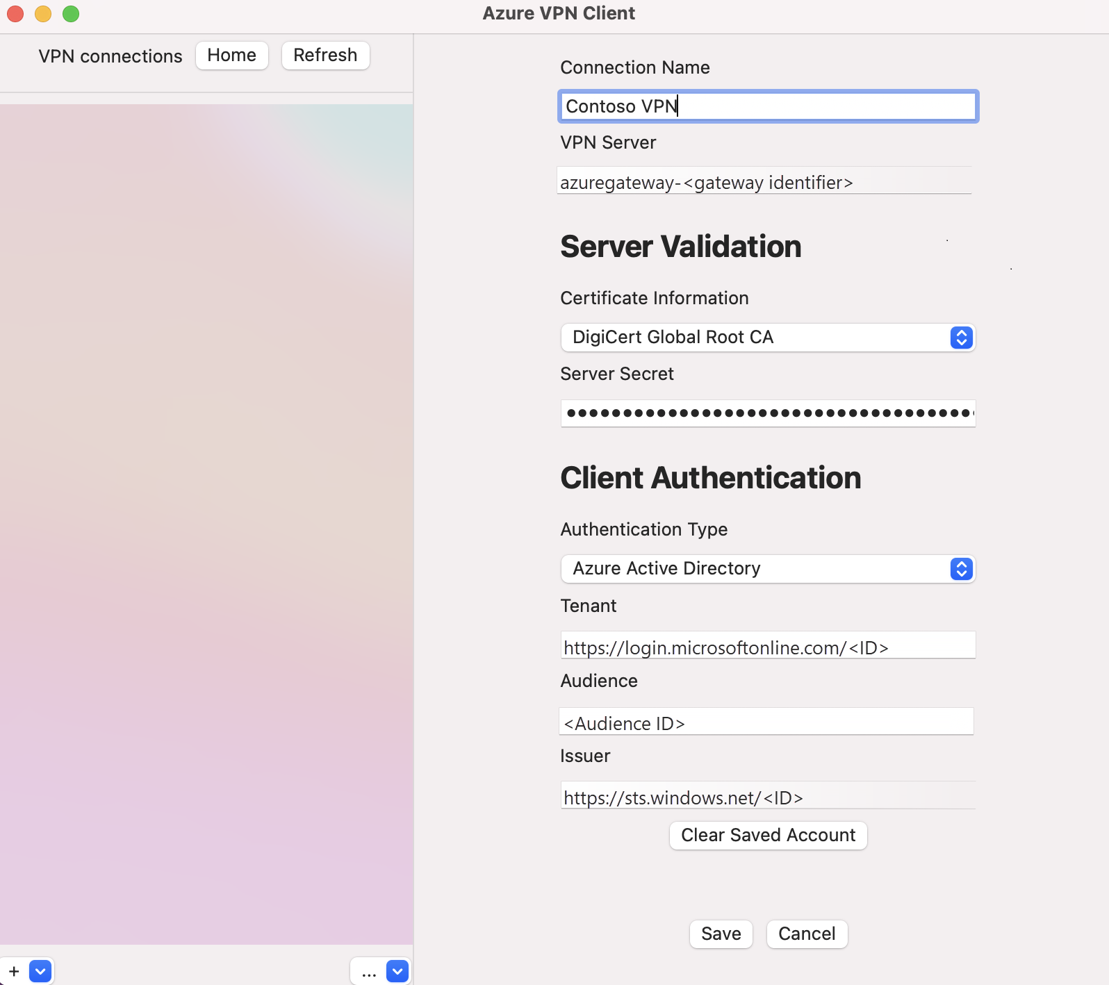 Screenshot of Azure VPN Client profile settings.