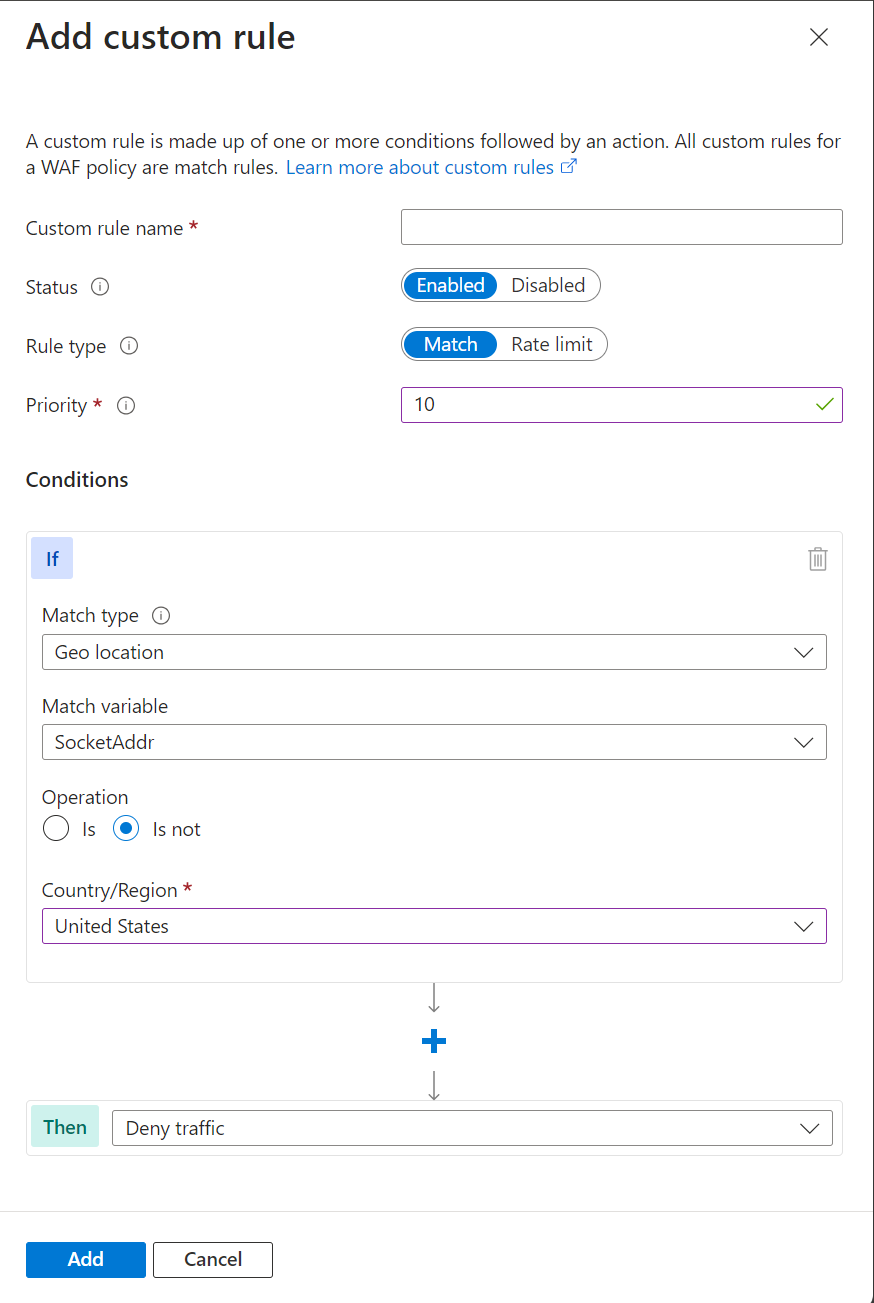 Screenshot showing the Front Door WAF add custom rule screen.