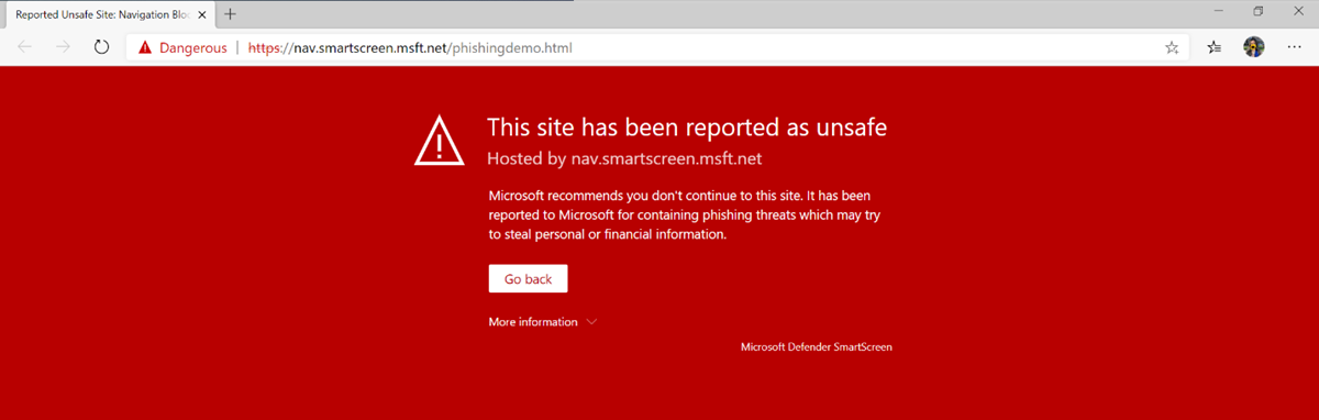 Microsoft Defender SmartScreen block page for a link to external site
