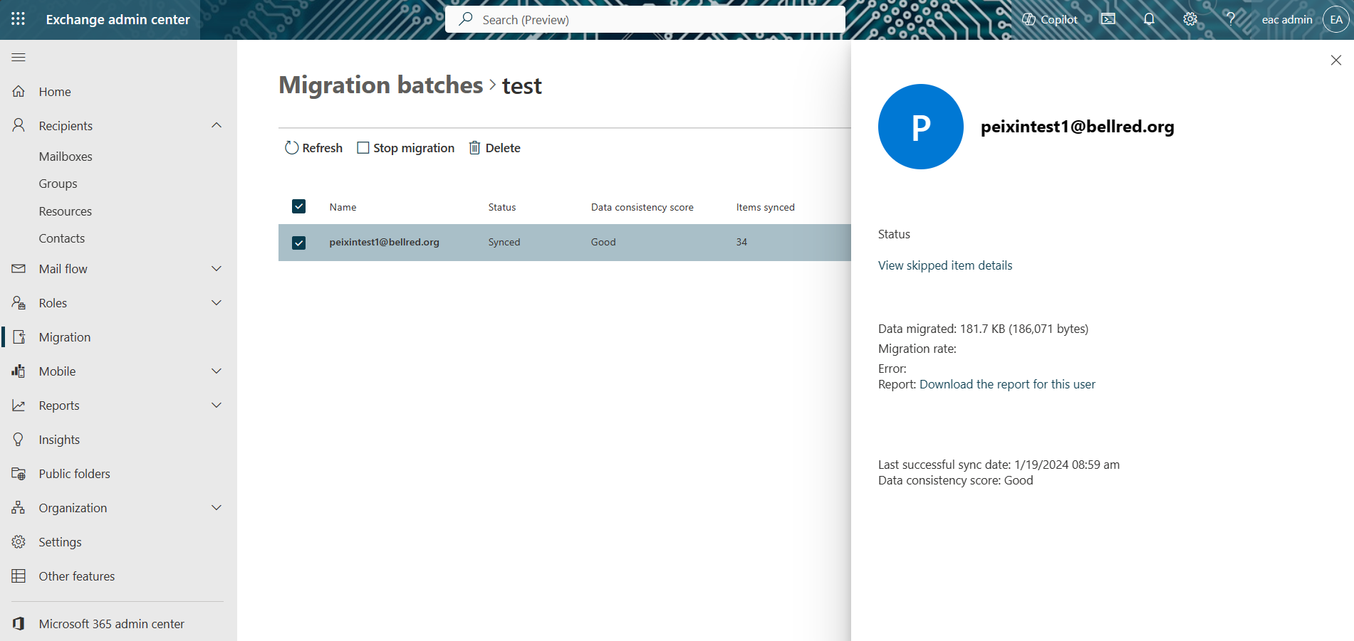 Screenshot of EAC showing the migration batch properties for a specific user.