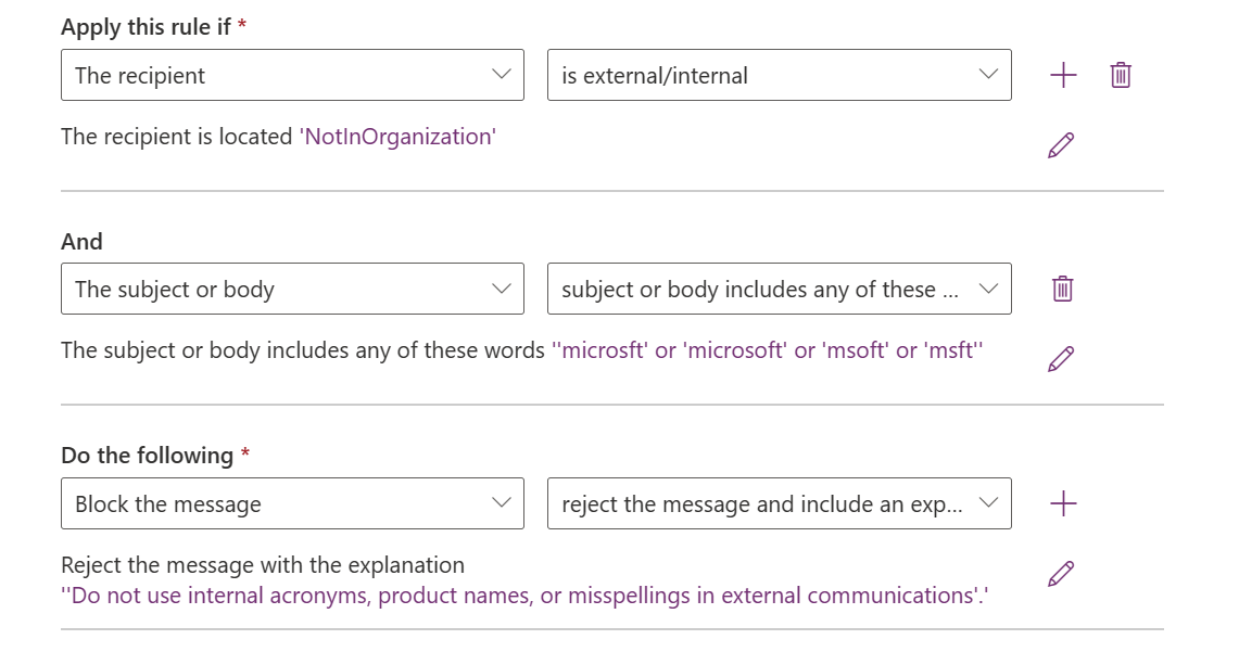 Rule showing blocking a message based on text patterns.