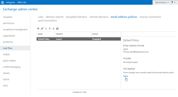 The Apply link in the details pane for an email address policy.