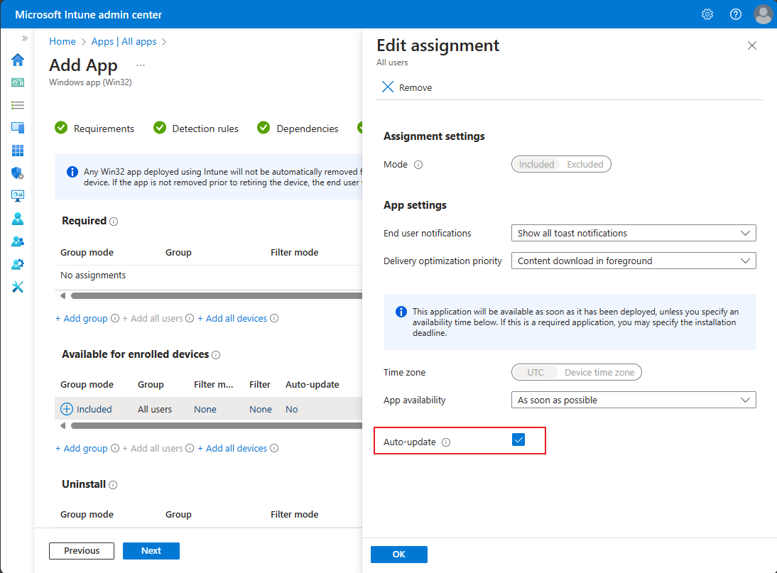 Screenshot of the Edit assignment pane when setting auto-update