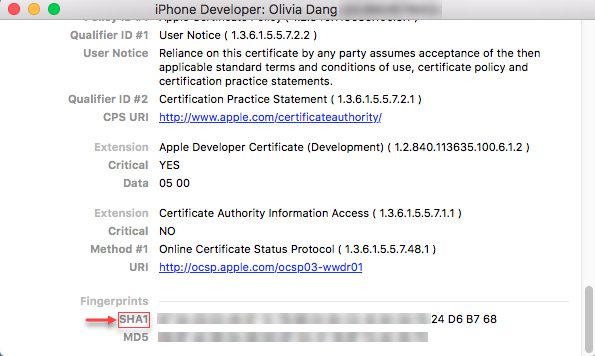 iPhone information - Fingerprints SHA1 string