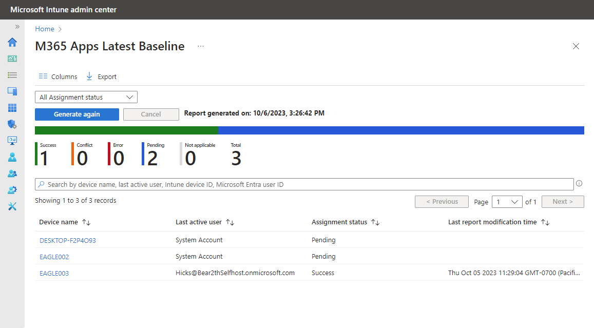 View the report details for Device and user check-in status.