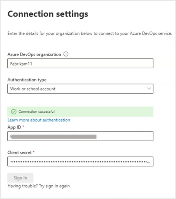 Connection application settings.