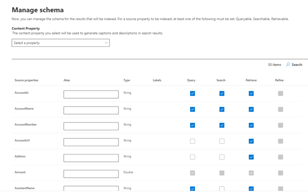 Select the schema for each source property. The options are Query, Search, Retrieve, and Refine.